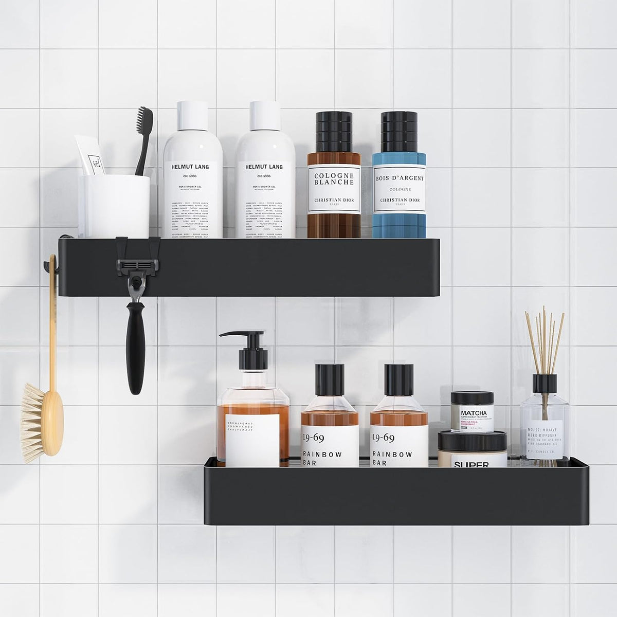 Black wall-mounted shelves with various toiletries on a white tiled wall