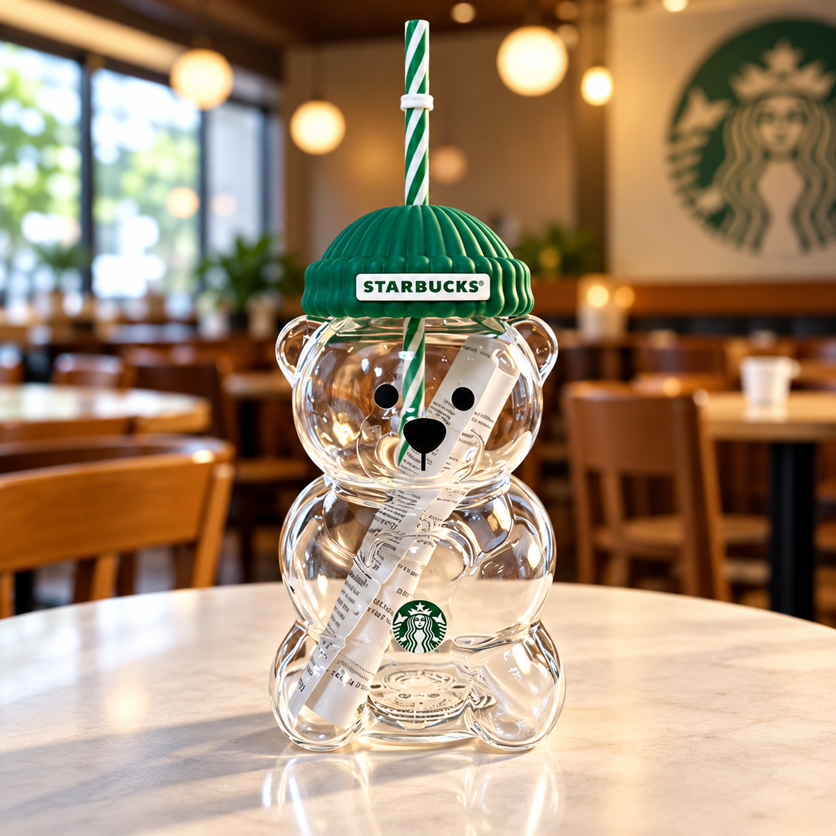 A clear bear-shaped Starbucks tumbler with a green lid and striped straw, set on a table in a blurred Starbucks cafe interior.