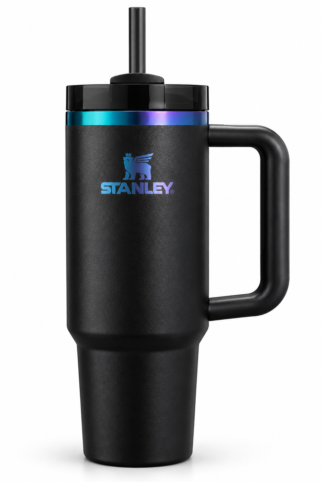 A black Stanley travel tumbler with a handle, lid, and straw, featuring a metallic iridescent band and the blue Stanley logo on the front, set against a plain white background.