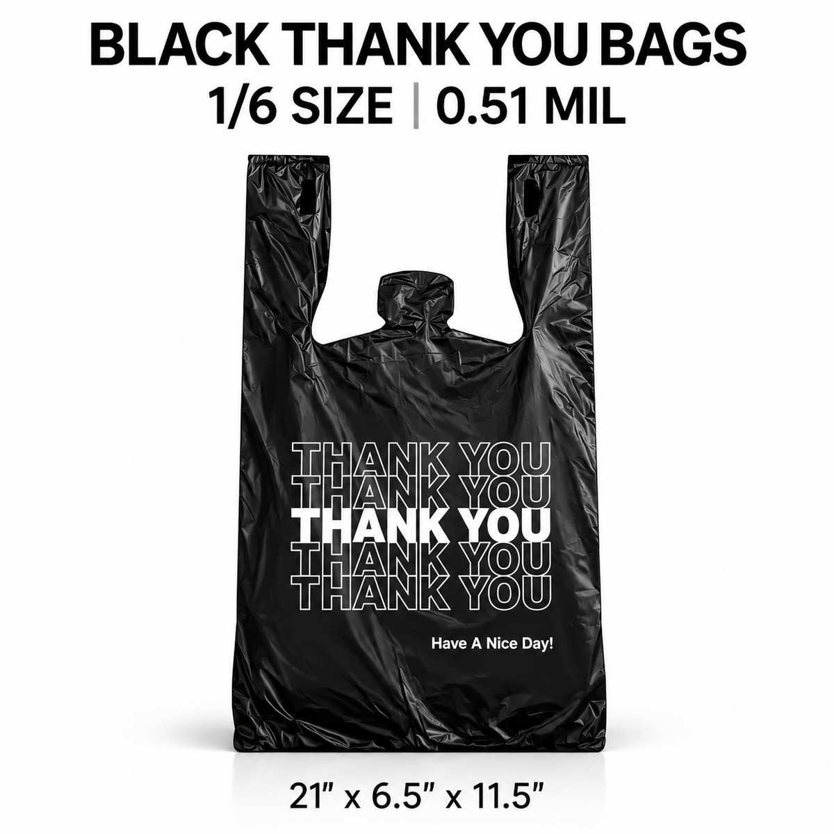 Black Thank You Shopping Bags, 1/6 Size, 350 per Case