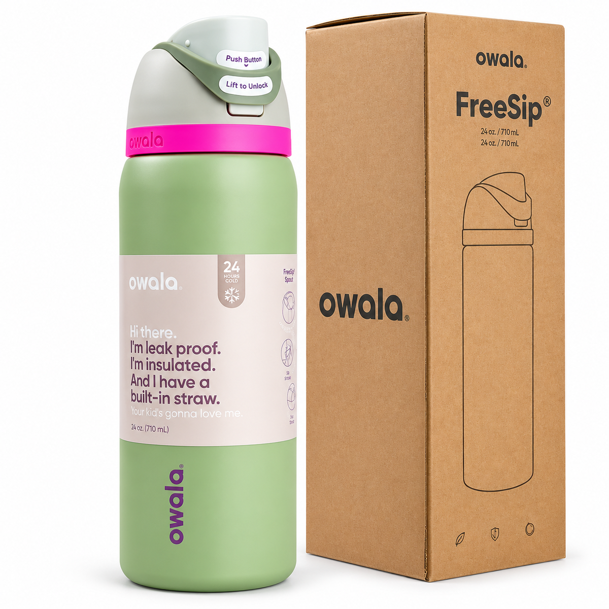 Owala FreeSip 24 oz Stainless Steel Water Bottle – Avocado Green & Pink