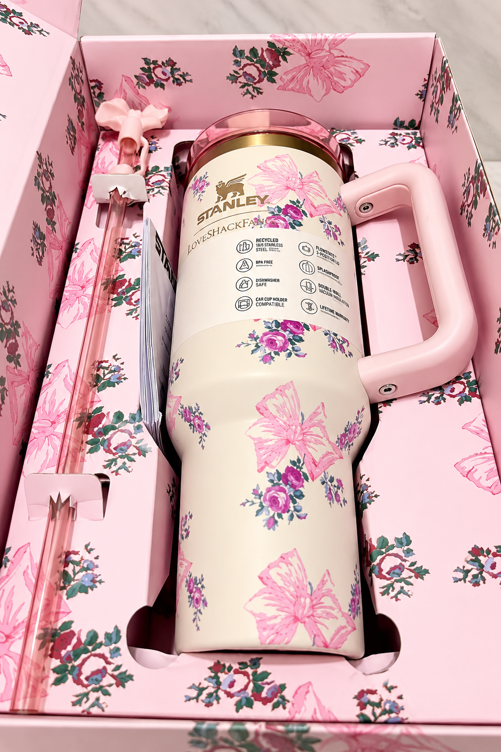 Stanley x LoveShackFancy 40 oz Tumbler – Pink Floral & Bow Gift Box