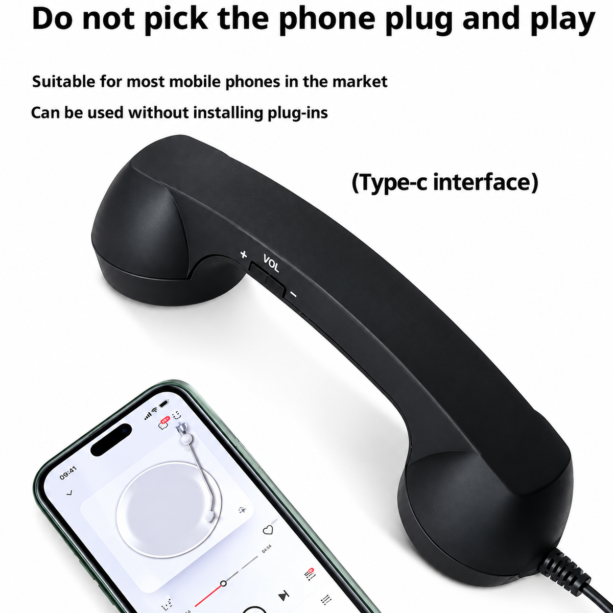 Retro USB-C Phone Handset with Volume Controls - Black