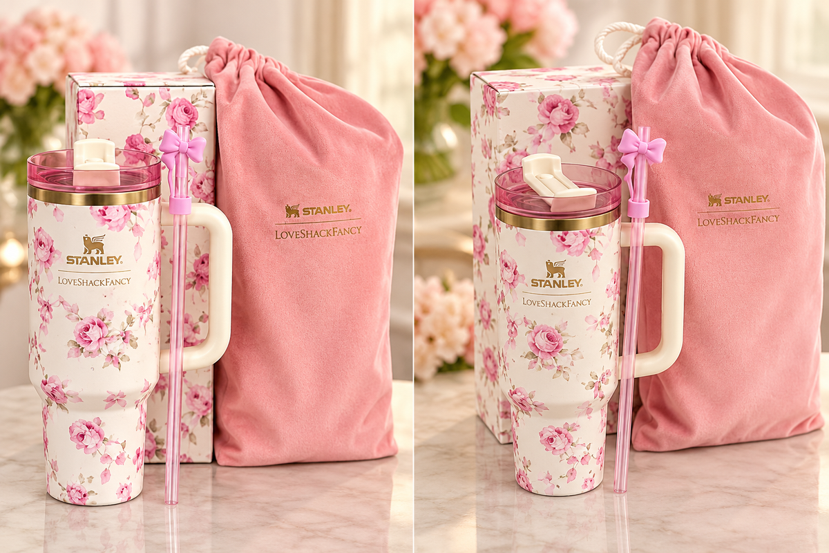 A Stanley tumbler with a pink floral print, shown alongside its pink drawstring bag and matching box on a light marble surface. The tumbler has a white handle, a pink lid, and a pink straw with a bow, and the Stanley logo is visible on the bag and tumbler.