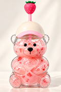 Bear-Shaped Cold Cup – Pink Cap & Strawberry Straw Topper